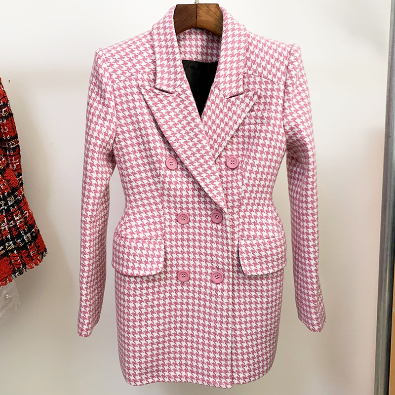 Spot European and American quality sharp 2024 autumn and winter suit collar slim pink houndstooth wool coat coat_voghion.com