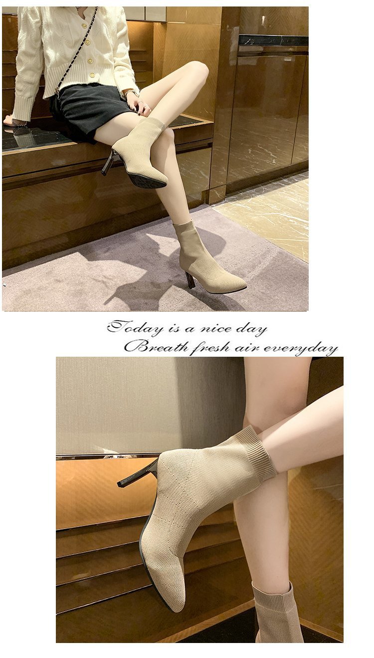 Špicaté ponožky Čižmy Dámske hrubé podpätky 2023 Jarná novinka Vysoké podpätky strečové čižmy s plochým podpätkom Vlnené čižmy Móda Krátke čižmy_voghion.com