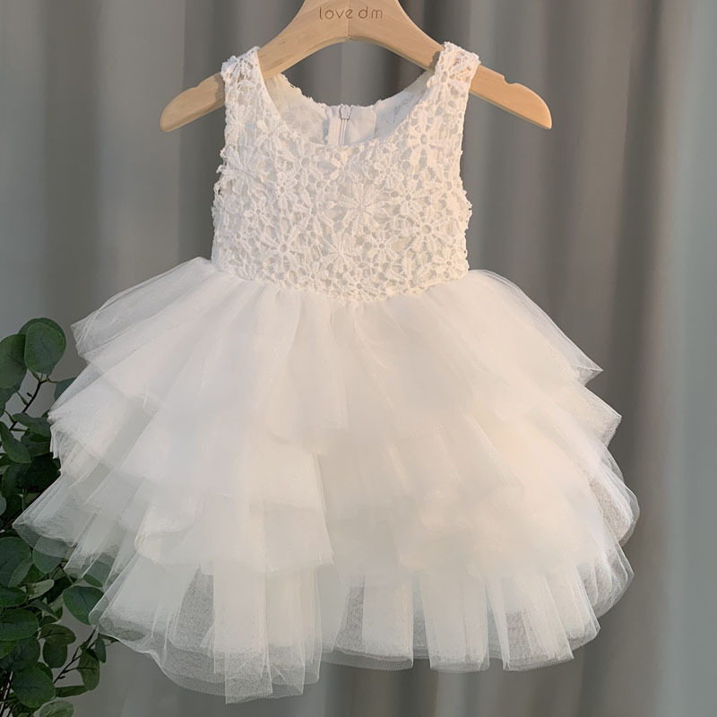 兒童禮服新款韓版女童白色連衣裙蓬蓬紗洋氣婚紗花童裙舞台表演服