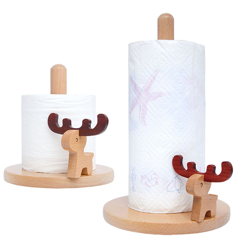 Animal Cartoon Paper Towel Rack Beech Simple Vertical Thickened Creative Solid Wood Non-Punch Wooden Desktop Roll Rack