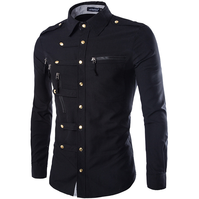Large size new recommended European and American domineering slim long sleeve shirt men's shirt complex multi button shirt