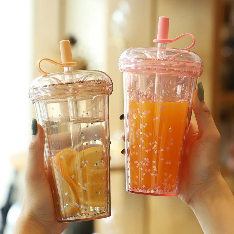 New student creative gift straw milk tea cup high color value double plastic cup can be printed logo wholesale