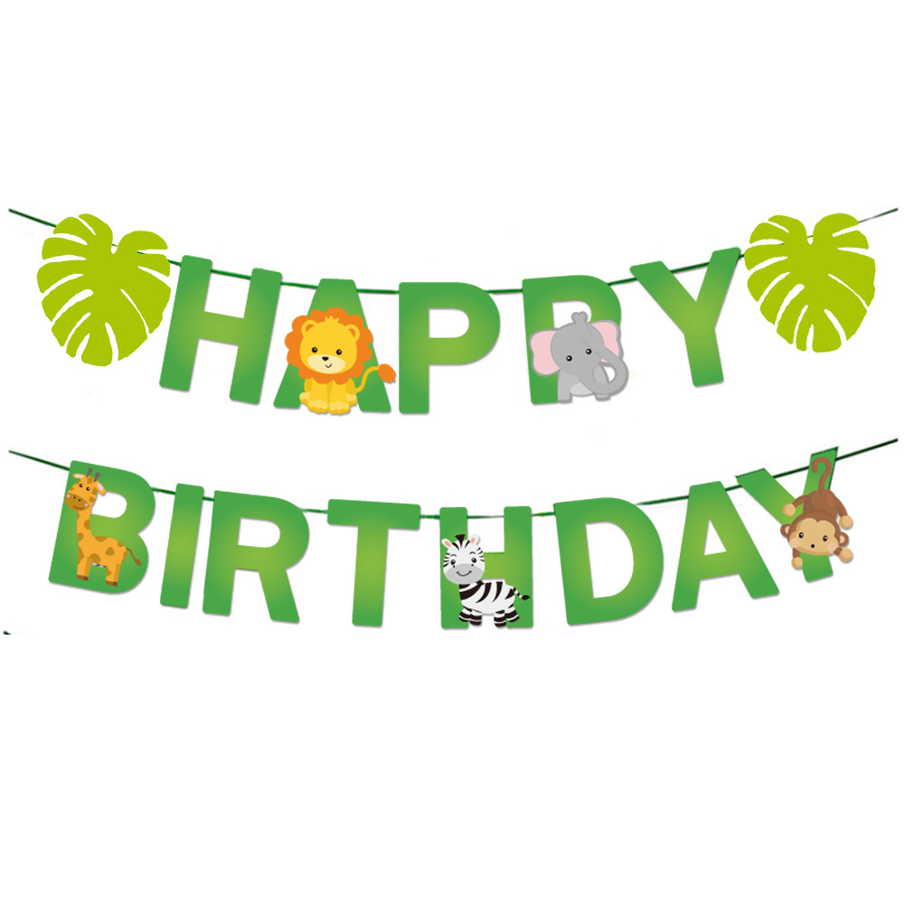 Jungle Animal birthday pull flag cartoon lion elephant banner cake card hanging decoration party supplies suit wholesale