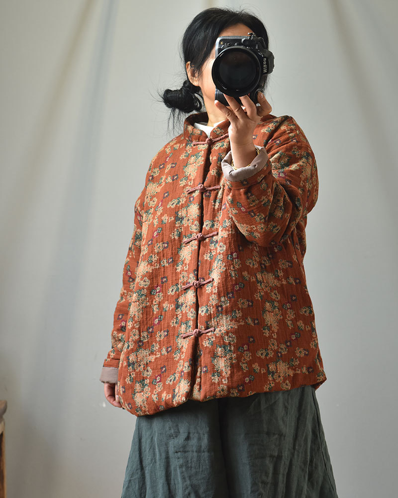 Naran/original plus size cotton and linen women's clothing Chinese cardigan stand collar casual cotton-padded clothes vintage printed warm cotton-padd_voghion.com