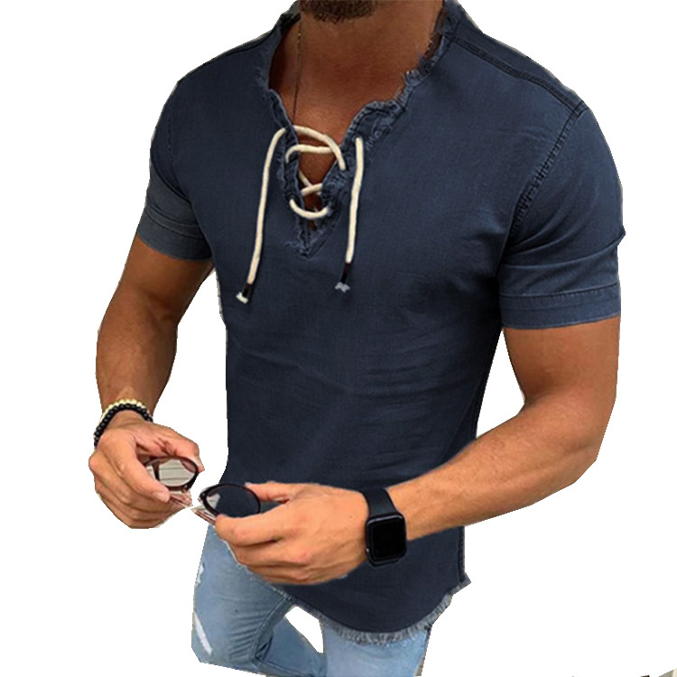 Cross-border European and American Amazon Men's Denim shirt lace-up tassel stretch men's Denim shirt men's shirt