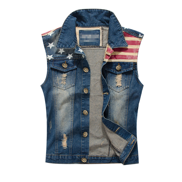 Trendy Men's Large Size Korean Style Denim Vest Men's Denim Vest Waistcoat American Flag Casual Vest