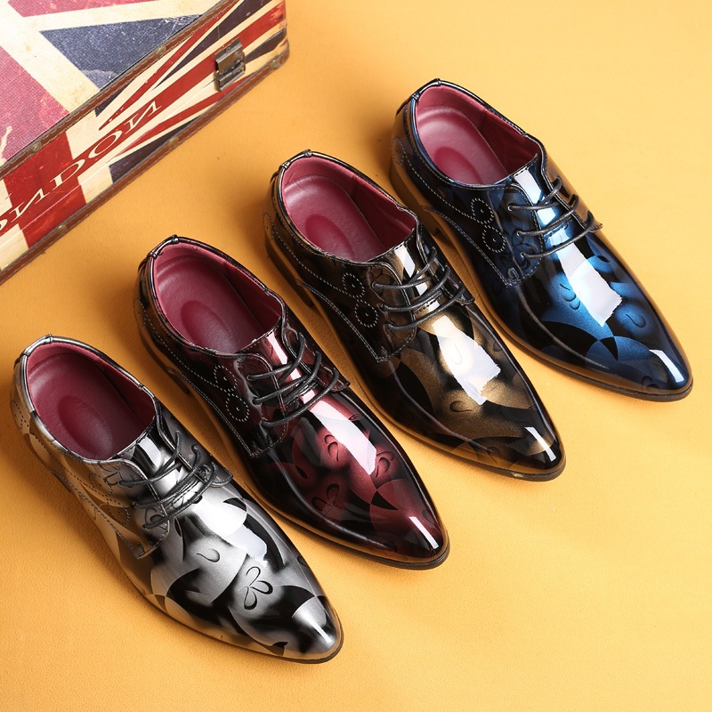 Men's 2023 Pointed Toe Large Size Foreign Trade Leather Shoes Bright Leather Fashion Business Dress New Wedding Shoes European and American Casual Leather Shoes