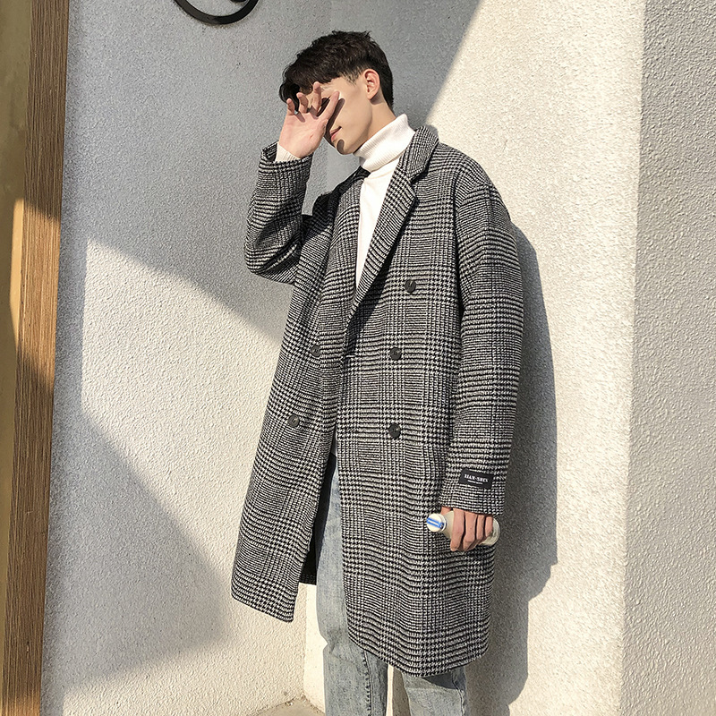 2022 Winter New Men's Korean-style Fashionable Double-breasted Woolen Coat Houndstooth Midi Woolen Trench Coat
