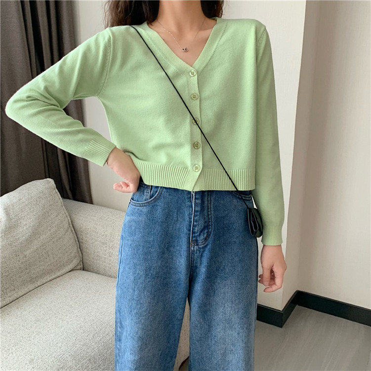 Knitted Sweater Women's Korean Style Solid Color Coat Short Cardigan V-Neck Long Sleeve Sweater Small Simple for Students