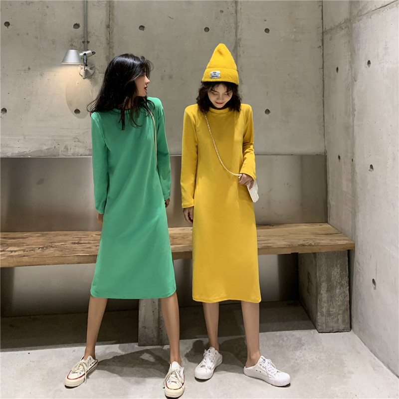 2025 Korean Version New Loose and Slimming Long-Sleeve Straight Pure Color Dress for Women, Knee-Length Medium-Length Student Base Dress