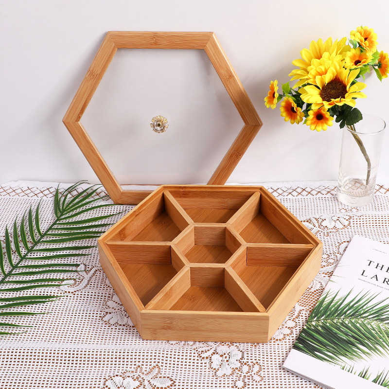 Natural Environmental Bamboo Dried Fruit Box Snack Jewelry Storage Box Hexagon Transparent Box with Lid Japanese Korean Style Explosions