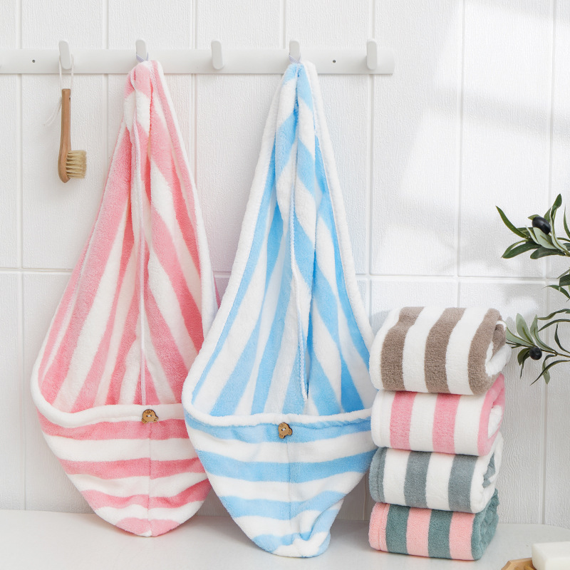 Japanese Microfiber Thickened Coral Fleece Cationic Hair Drying Cap Headband Water Absorbent Quick Drying Striped Shower Cap Wholesale