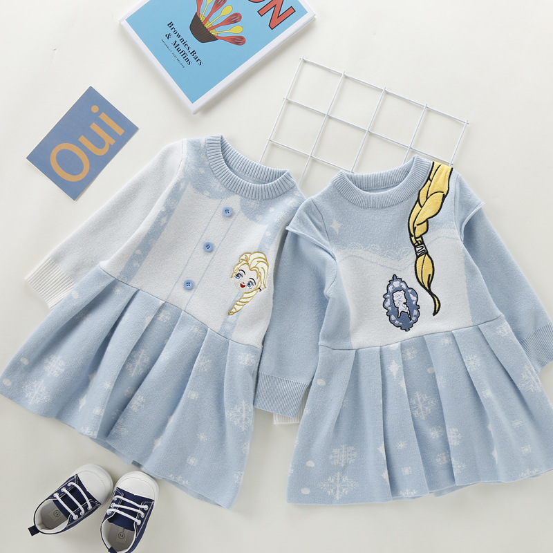 Fleece-lined Thickened Girls Autumn and Winter Elsa Fleece-lined Dress Fake Two-piece Elsa Ice Princess Children's Dress