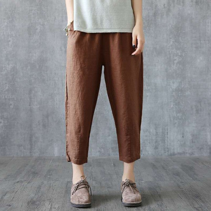 HKcis Cotton Women's Pants Cropped Loose Cotton and Linen Loose Waist Wide Leg Pants Vintage Artistic All-match Casual Pants Free Shipping