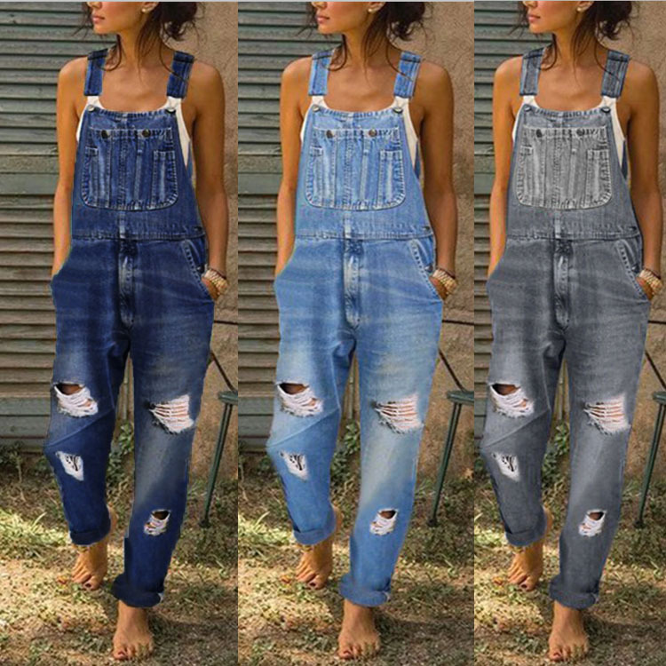 Spot AliExpress Amazon European and American women's denim bib pants holes thin women's bib pants pants