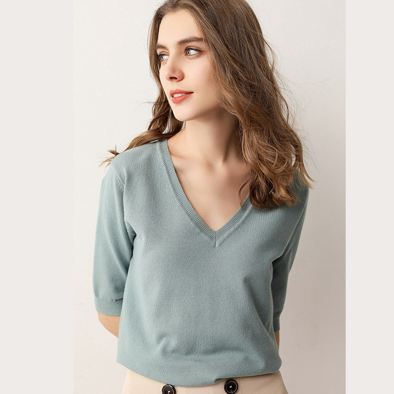 Summer Short-sleeved Women's T-shirt Women's Western-style Sweater Knitted Shirt V-neck Half-sleeve Trendy Korean-style Loose Base Shirt T-shirt