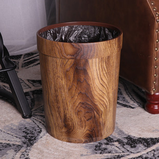 Wholesale retro imitation wood grain trash can plastic household bathroom living room kitchen bedroom paper basket without lid with pressure ring