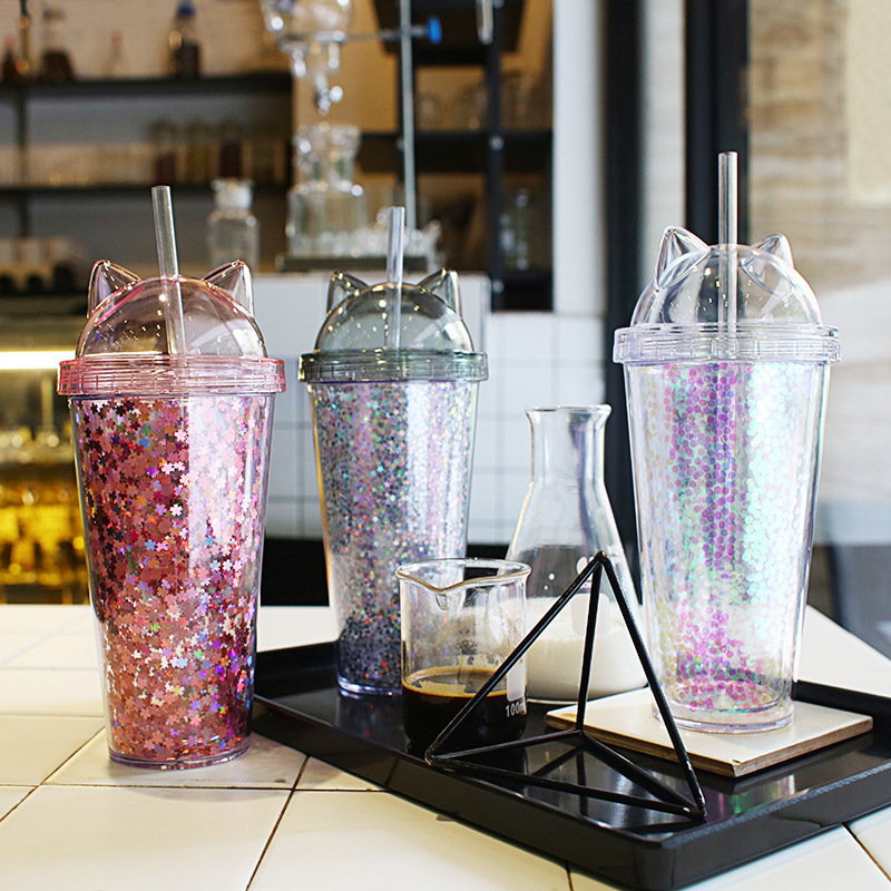 代件水杯insプラスチックストローカップ創意プレゼントカップ猫耳フラッシュ片二重カップロゴ|undefined