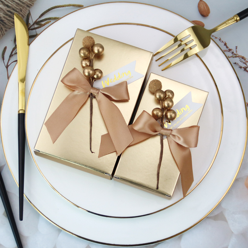 New European Style Wedding Bow Candy Box Golden Square Box Celebration Accompanying Gift Box Packaging Candy Box