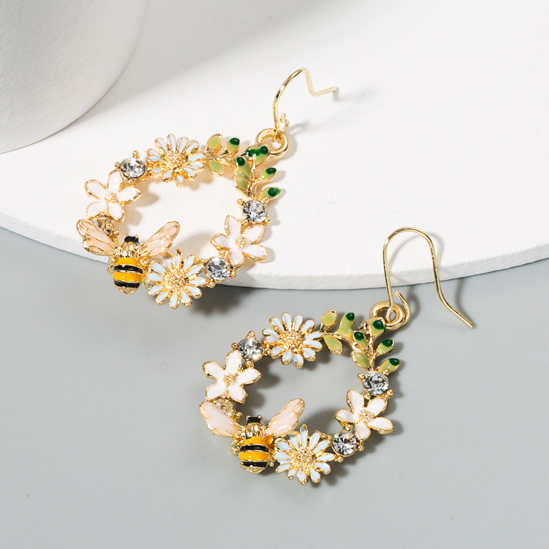 Europe and the United States cross-border creative flowers drop oil alloy earrings female S925 silver needle diamond color butterfly bee ear jewelry