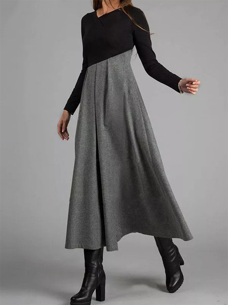 2023 Independent station autumn and winter Amazon New woolen dress color V-neck long sleeve stitching large swing dress