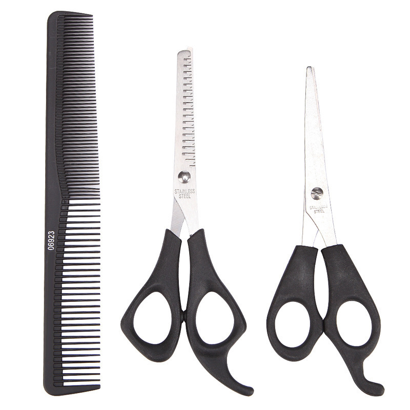 Wan Mei haircut 3-piece set tooth scissors flat scissors double black carbon fiber comb Plastic Haircut thin scissors bangs