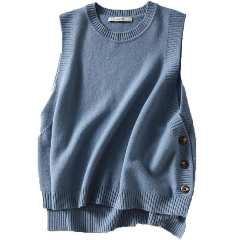Spring and Autumn Knitted Vest Women's Wool Vest Outer Wear Sweater Outer Wear Short Pullover Round Neck Warm Knitted Waistcoat