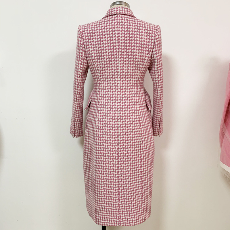 Spot European and American quality sharp 2024 autumn and winter suit collar slim pink houndstooth wool coat coat_voghion.com