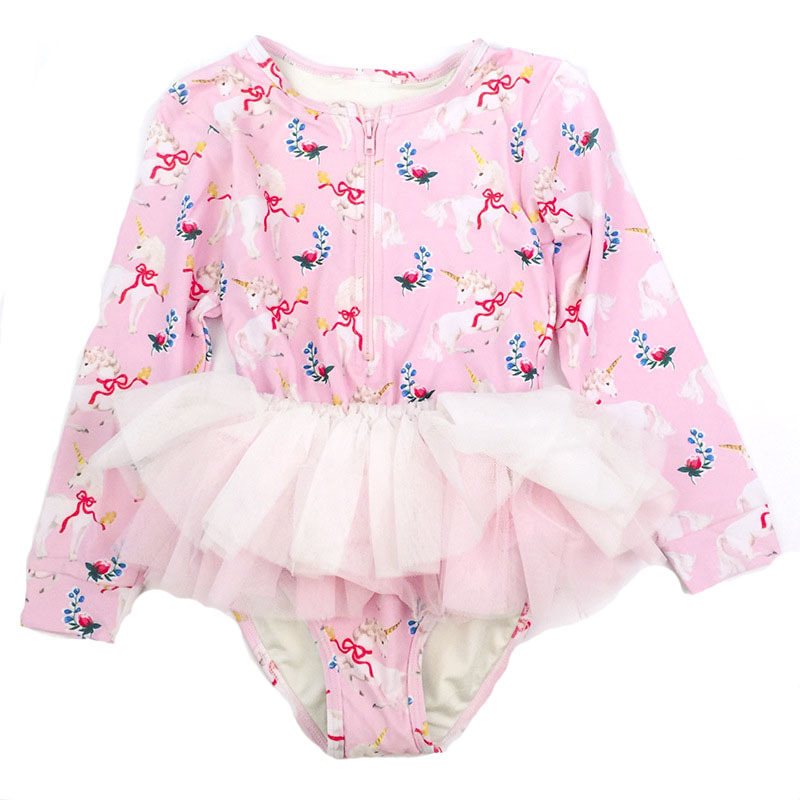 2022 new children's swimsuit female Unicorn cat long sleeve one-piece gauze skirt swimsuit a generation of hair