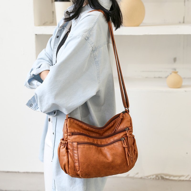 Washed Leather Women's Bag 2020 European and American Vintage Shoulder Bag All-match Large Capacity Crossbody Bag PU Soft Leather Middle-aged Mother Bag