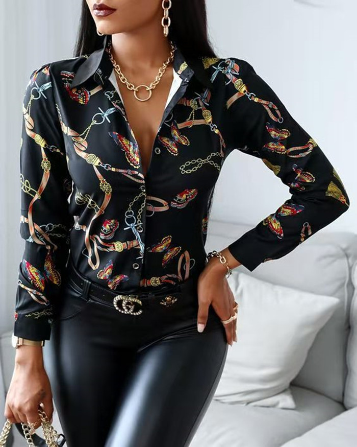Amazon Independent Station 2022 European and American Spring and Autumn Printed Contrast Color Long Sleeve Elegant Slim-fit Blouse