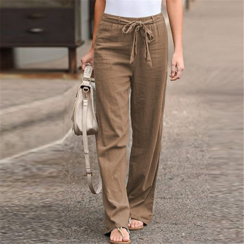 2023 cross-border women's wear wish AliExpress summer elastic waist solid color cotton linen wide leg pants loose trousers for women