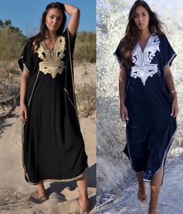 7123 embroidered loose Beach blouse, holiday robe, dress cross border Amazon (3 colors)