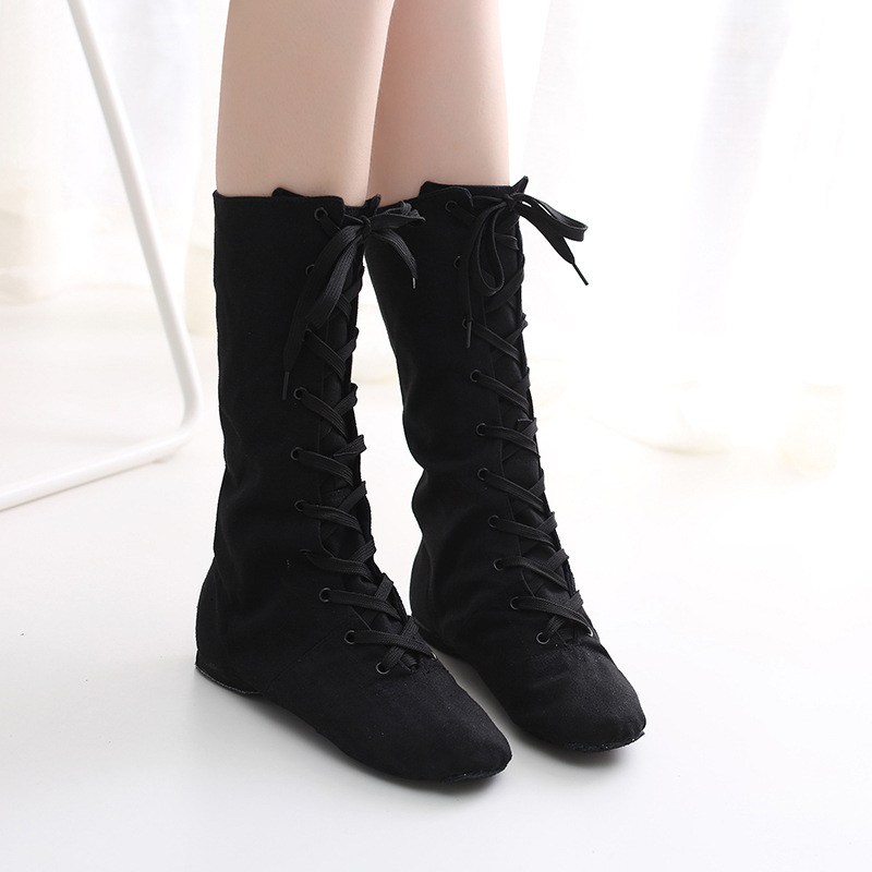 Black Extended Canvas Jazz Boots High-rise Modern Dance Shoes High-top Women's Soft-soled Dance Shoes Sports Practice Stage Performance