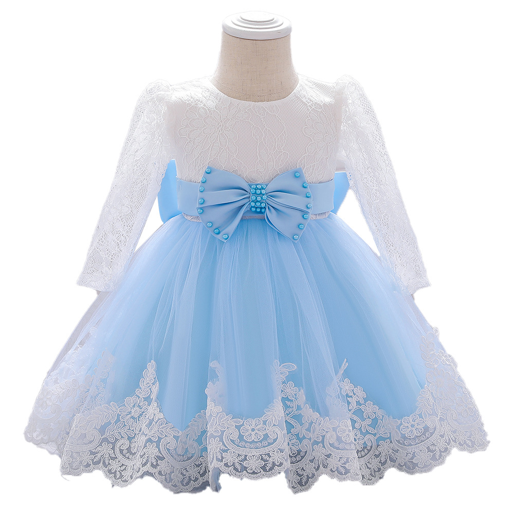 Amazon One Year Old Dress Long Sleeve Lace Stitching Wash Dress Bow Beaded Girl Dress