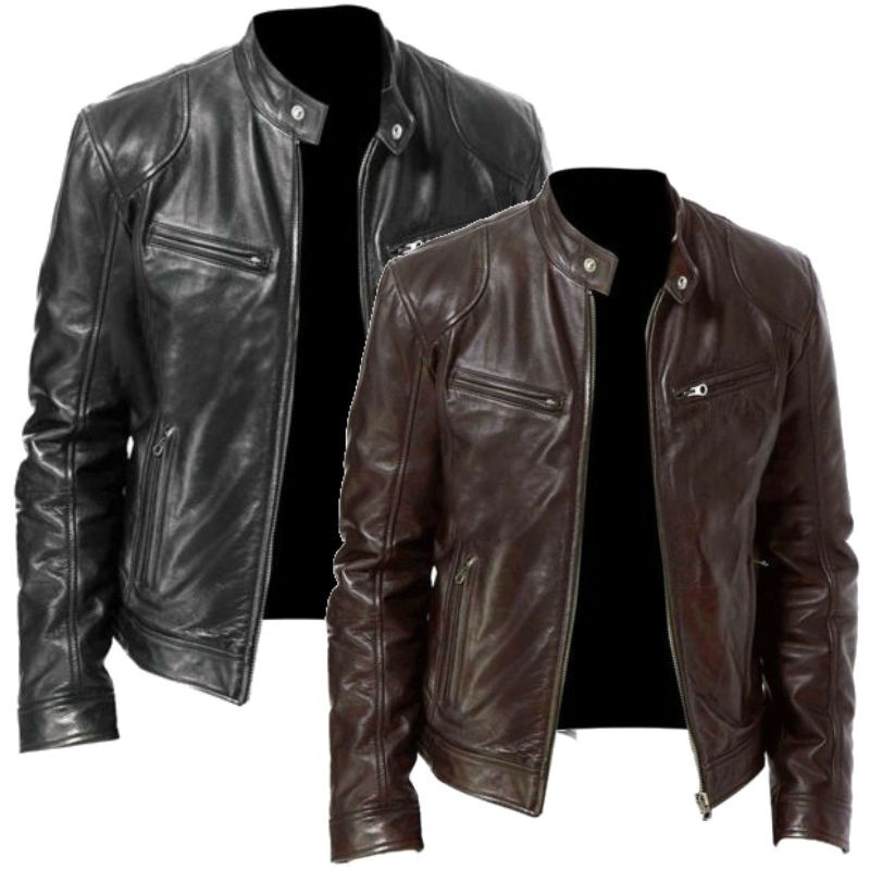 2022 Spring New Men's Stand Collar Slim Fit Leather Jacket Zipper Pocket Decorative pu Leather Biker Men's Jacket