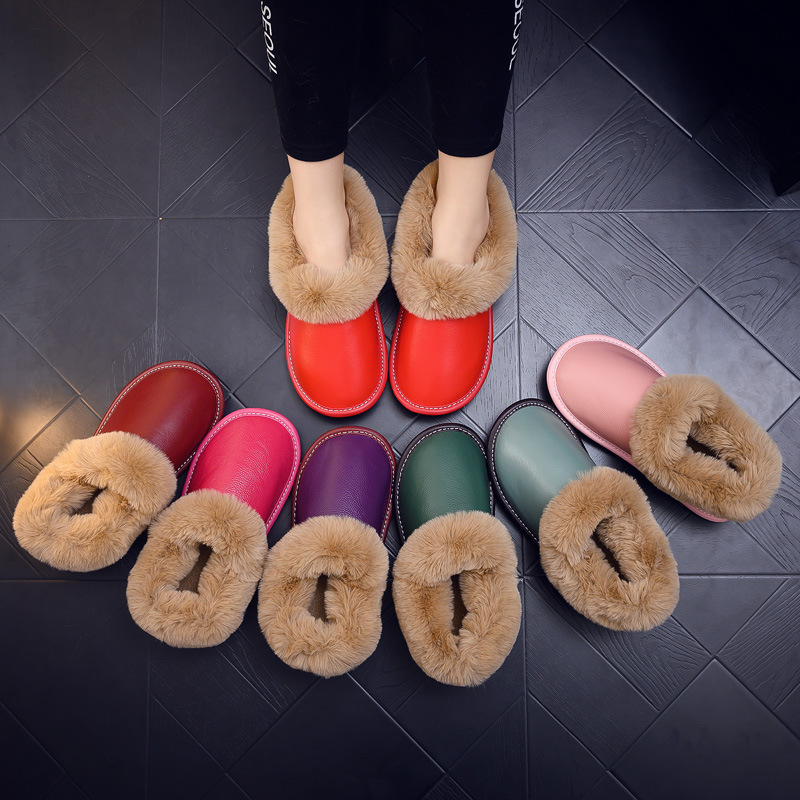Full-bag leather cotton slippers with heel winter cowhide for the elderly home indoor anti-slip velvet warm cotton shoes