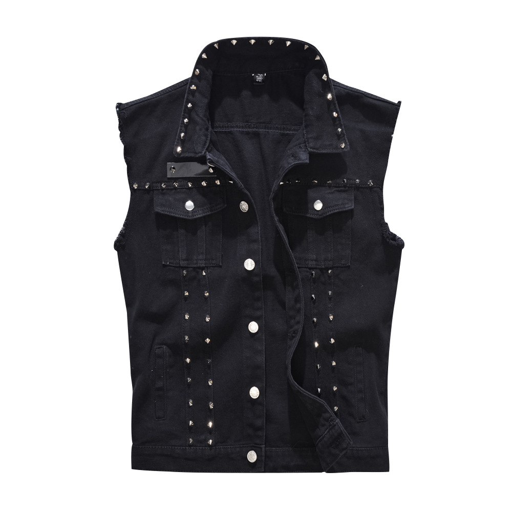 Trendy men's spring/summer autumn black Denim vest trendy cool rivet plus size vest Korean style personalized vest waistcoat