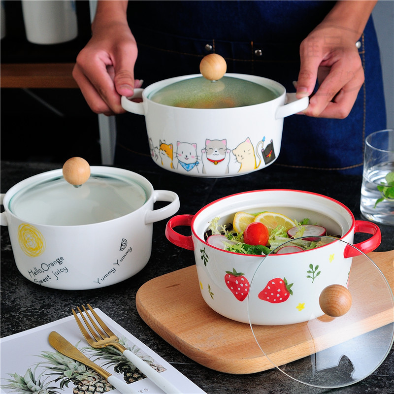 Ear Noodle Bowl with Lid Ceramic Bowl Student Bowl Household Soup Bowl 6 Inch Bowl Nordic Noodle Soup Bowl Small Family Soup Bowl