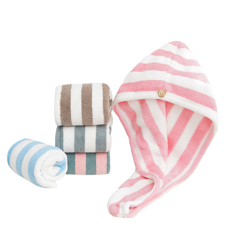 Japanese Microfiber Thickened Coral Fleece Cationic Hair Drying Cap Headband Water Absorbent Quick Drying Striped Shower Cap Wholesale