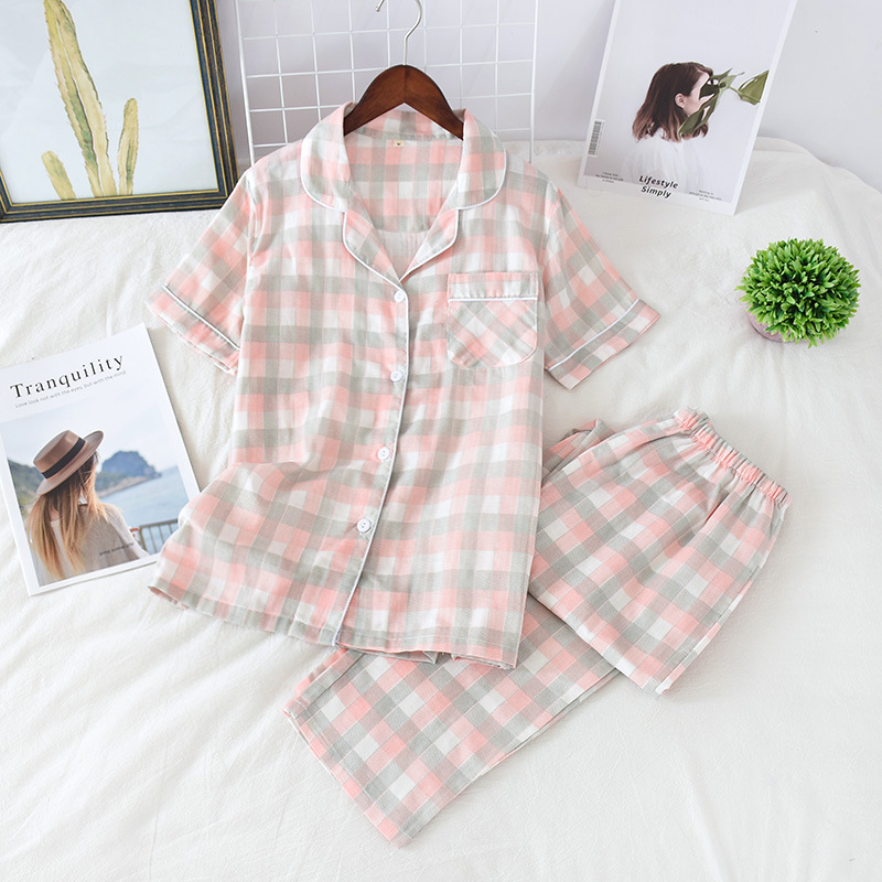 Spring Summer Autumn Men's and Women's Double Gauze Home Clothes Couple's Japanese Style Cotton Pajamas Short-sleeved Trousers Casual Suit_voghion.com
