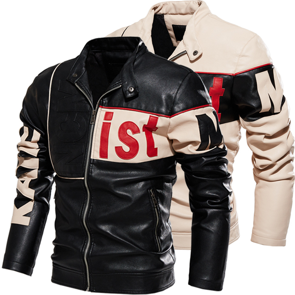 Cross-border Men's Jacket 2021 New Men's Trendy Bike Clothing Color Block pu Jacket Fleece Beige Leather Men