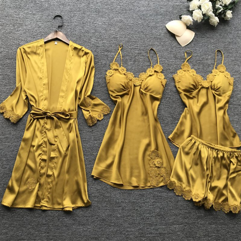 Independent Station Women's Sexy Home Wear Pajamas Summer Sexy Pajamas Four-piece Set Korean Style Sling Women's Belt Chest Pad Factory