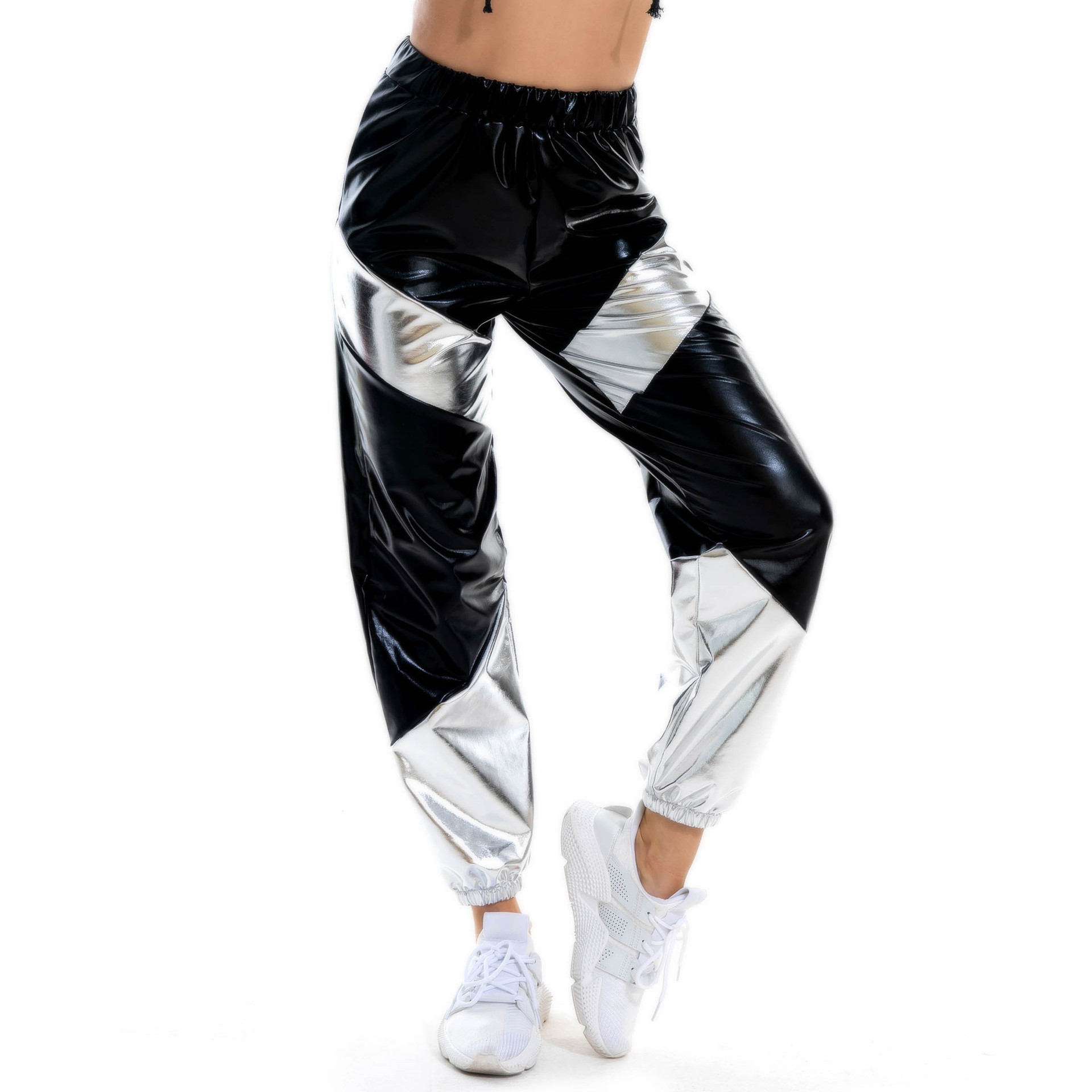 Cross-border explosions color matching pants women bronzing patent leather colorful laser pocket loose women's pants a generation of hair