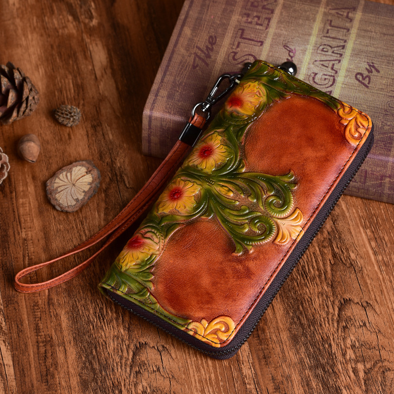 Explosions women's wallet first layer cowhide retro embossed hand-colored export long clutch bag a generation of hair