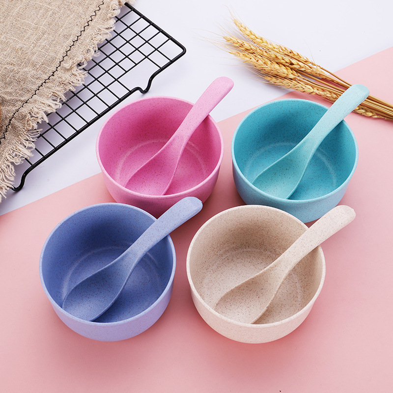 Wheat Straw Bowl and Spoon Set Oatmeal Bowl Children's Outdoor Picnic Tableware Two-piece Set Four-color Gift Wholesale