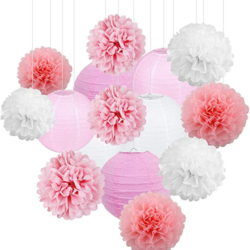 Cross-border direct selling 15PCs summer round paper lantern flower ball combination set carefully matched with paper flower ball decoration