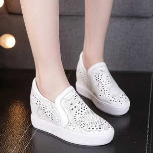 2023 spring/summer hollow-out leather thick-soled hidden height white shoes wedge casual slip-on women's breathable loafers