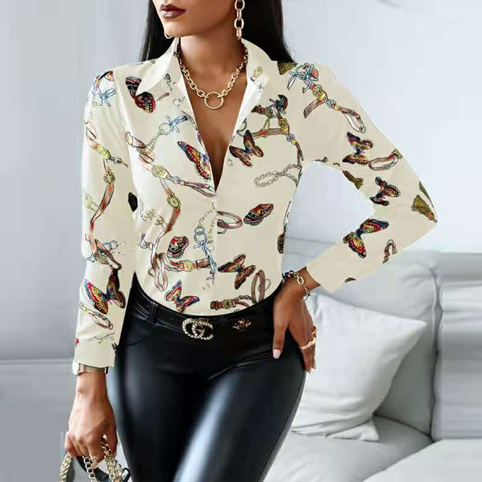 Amazon Independent Station 2022 European and American Spring and Autumn Printed Contrast Color Long Sleeve Elegant Slim-fit Blouse