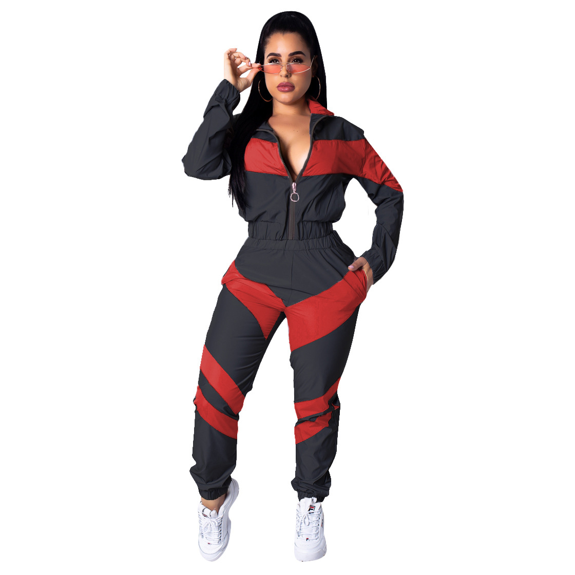 D9056 European and American women's solid color two-color stitching long sleeve windbreaker suit [pants without pocket]]